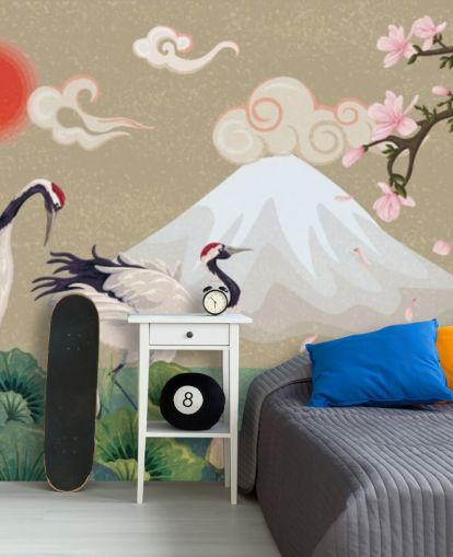 grullas japonesas con el monte fuji en fondo de pantalla