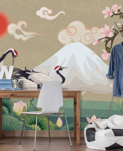 guindastes japoneses com monte fuji em papel de parede de fundo