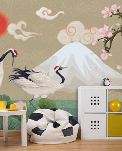 japanische Kraniche mit Mount Fuji im Hintergrund Wallpaper