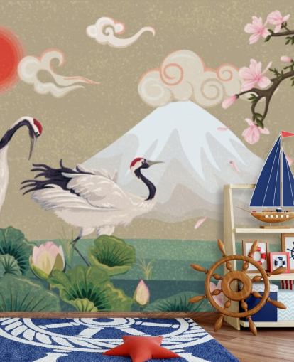 japanese cranes with mount fuji in background wallpaper japanese cranes with mount fuji in background wallpaper