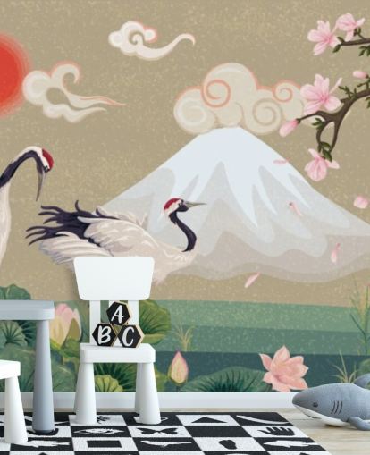 guindastes japoneses com monte fuji em papel de parede de fundo