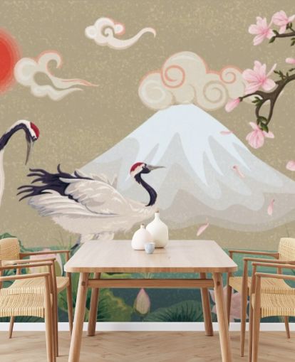 grues japonaises avec le mont fuji en fond d'écran