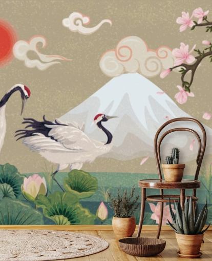 japanese cranes with mount fuji in background wallpaper