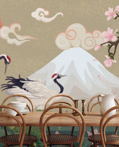 japanese cranes with mount fuji in background wallpaper