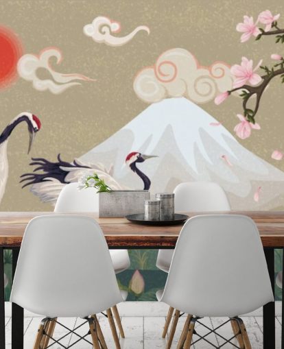 japanische Kraniche mit Mount Fuji im Hintergrund Wallpaper japanische Kraniche mit Mount Fuji im Hintergrund Wallpaper
