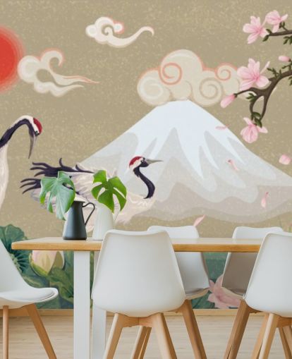 grues japonaises avec le mont fuji en fond d'écran