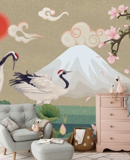 gru giapponesi con il monte fuji in sfondo carta da parati
