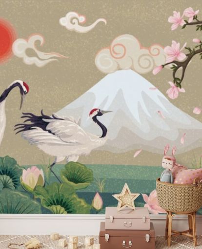 japanske kraner med mount fuji i baggrunden tapet