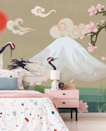 japanese cranes with mount fuji in background wallpaper