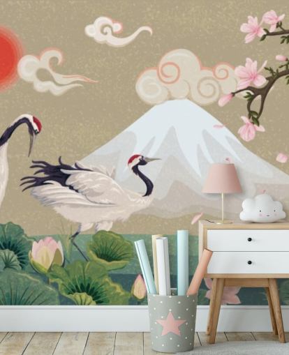 japanische Kraniche mit Mount Fuji im Hintergrund Wallpaper
