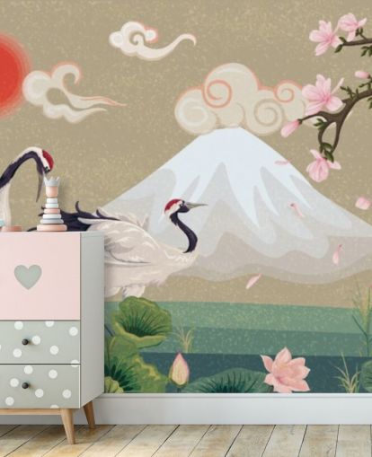 japanske kraner med mount fuji i bakgrunnen tapet