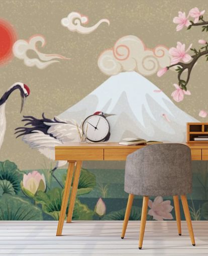 guindastes japoneses com monte fuji em papel de parede de fundo