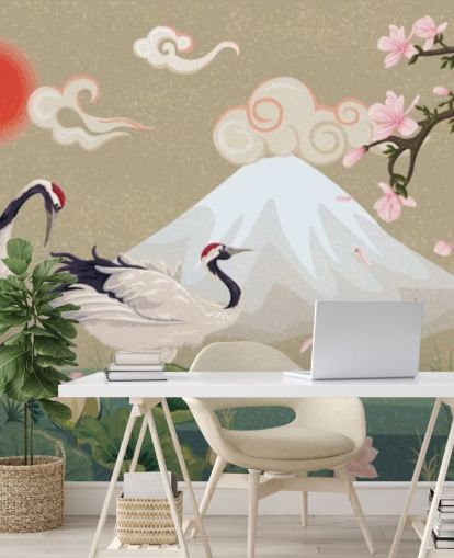 grullas japonesas con el monte fuji en fondo de pantalla