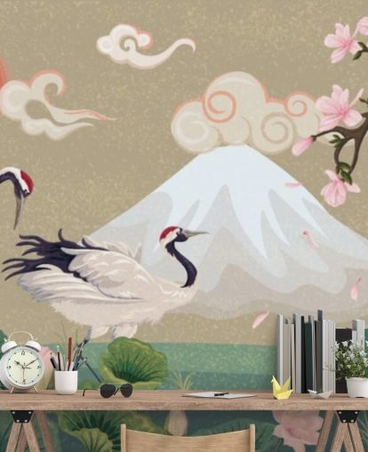 grues japonaises avec le mont fuji en fond d'écran