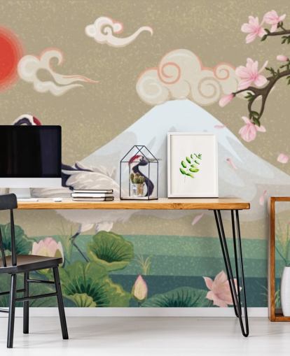 guindastes japoneses com monte fuji em papel de parede de fundo