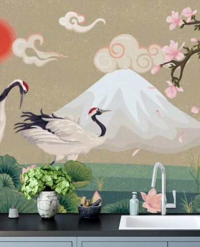 gru giapponesi con il monte fuji in sfondo carta da parati