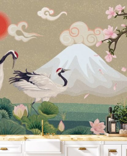 japanese cranes with mount fuji in background wallpaper