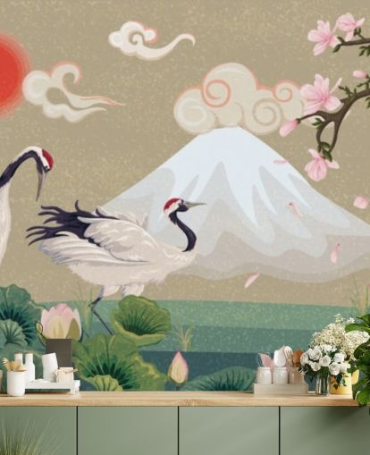 gru giapponesi con il monte fuji in sfondo carta da parati gru giapponesi con il monte fuji in sfondo carta da parati