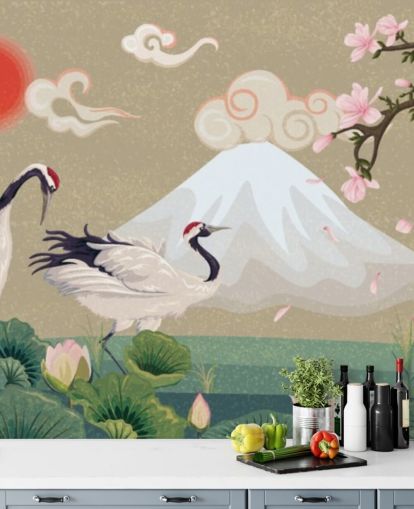 japanske kraner med mount fuji i baggrunden tapet japanske kraner med mount fuji i baggrunden tapet