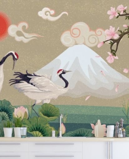 japanese cranes with mount fuji in background wallpaper