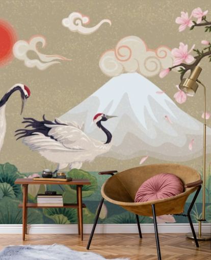 japanese cranes with mount fuji in background wallpaper