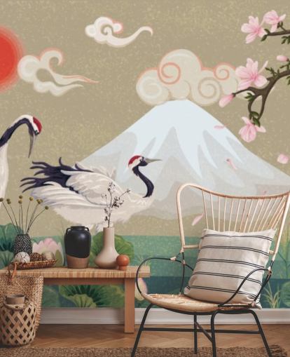 guindastes japoneses com monte fuji em papel de parede de fundo guindastes japoneses com monte fuji em papel de parede de fundo