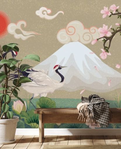 grullas japonesas con el monte fuji en fondo de pantalla grullas japonesas con el monte fuji en fondo de pantalla