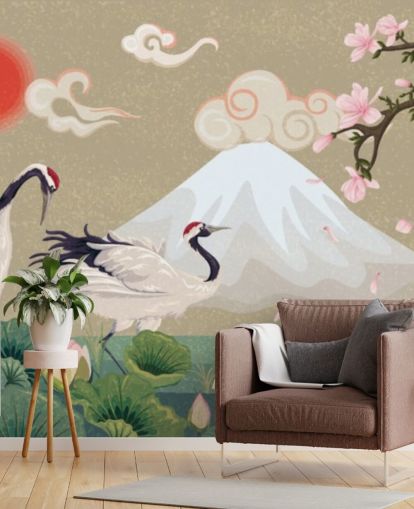 japanese cranes with mount fuji in background wallpaper