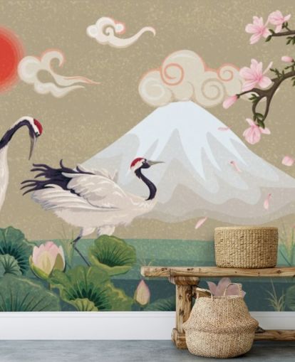 japanese cranes with mount fuji in background wallpaper japanese cranes with mount fuji in background wallpaper