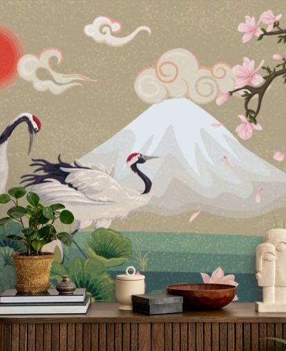 japanese cranes with mount fuji in background wallpaper