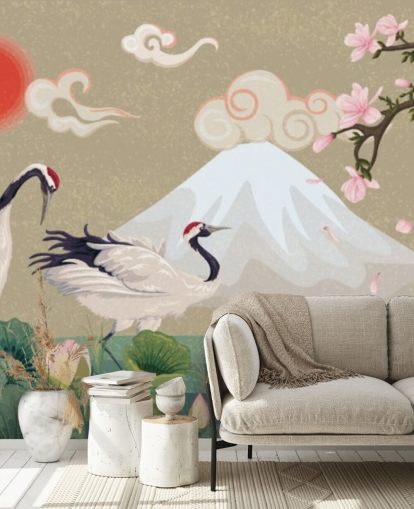grullas japonesas con el monte fuji en fondo de pantalla