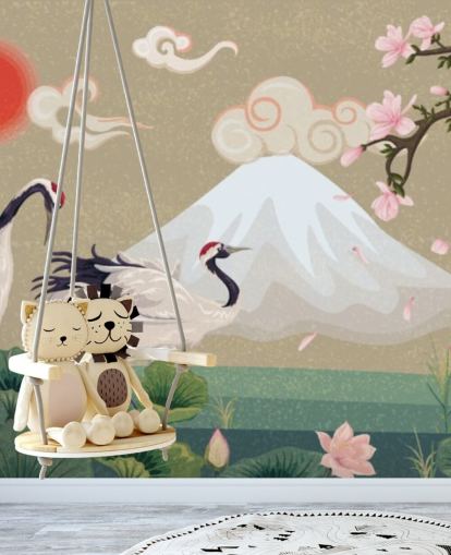 japanische Kraniche mit Mount Fuji im Hintergrund Wallpaper japanische Kraniche mit Mount Fuji im Hintergrund Wallpaper