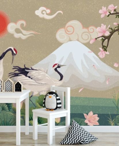grullas japonesas con el monte fuji en fondo de pantalla