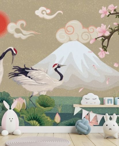 japanse kranen met mount fuji in achtergrondbehang japanse kranen met mount fuji in achtergrondbehang