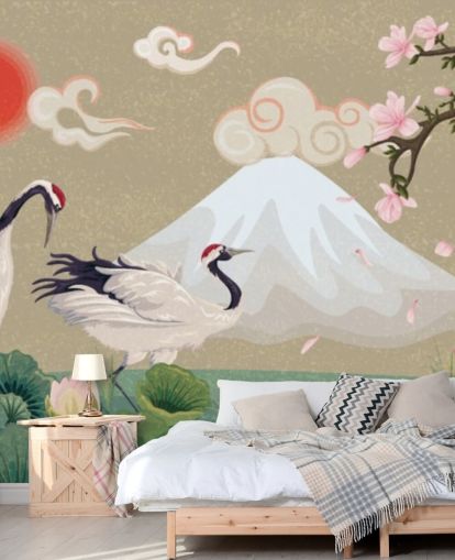 japanische Kraniche mit Mount Fuji im Hintergrund Wallpaper