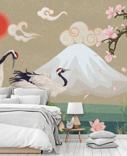 japanese cranes with mount fuji in background wallpaper