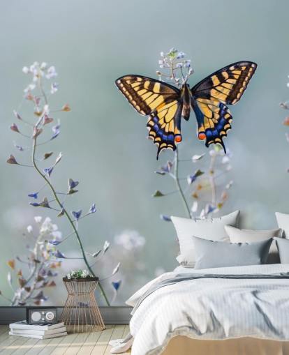 farfalla arancione e blu che poggia su carta da parati fiori farfalla arancione e blu che poggia su carta da parati fiori