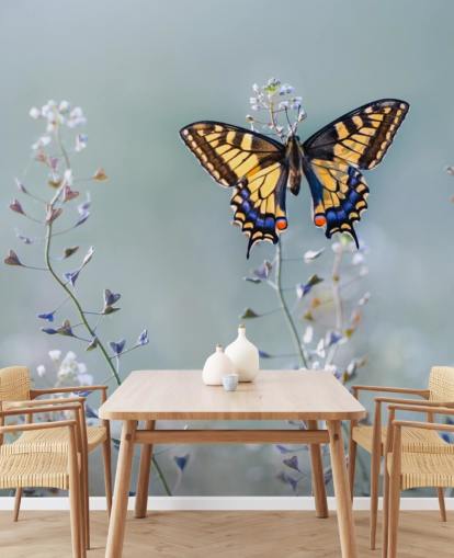 farfalla arancione e blu che poggia su carta da parati fiori