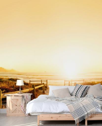 Gouden zonsondergang op strandmuurschildering Gouden zonsondergang op strandmuurschildering