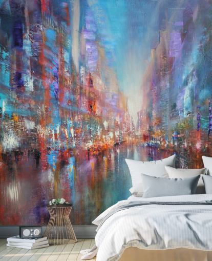 fargerik abstrakt kunst av en by tapet