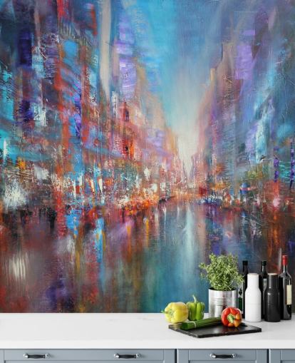 fargerik abstrakt kunst av en by tapet