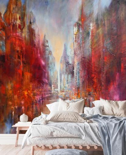 papier peint de ville peint abstrait rouge, orange et rose