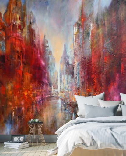 red, orange and pink abstract painted city wallpaper