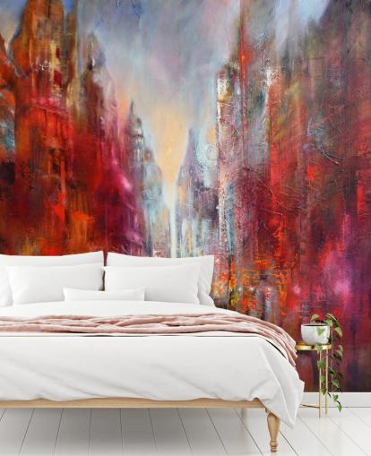 red, orange and pink abstract painted city wallpaper