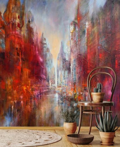 red, orange and pink abstract painted city wallpaper