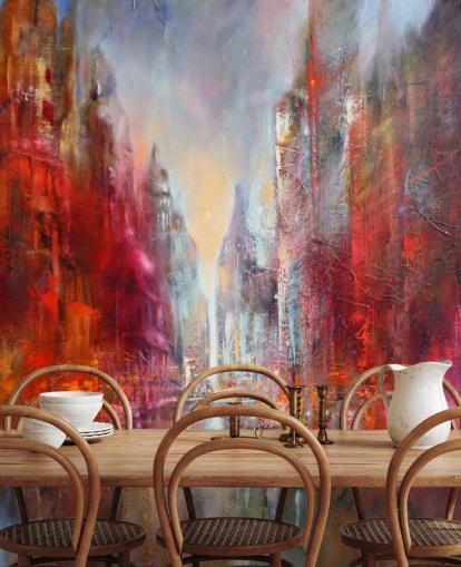 red, orange and pink abstract painted city wallpaper