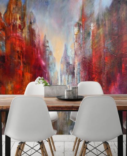 red, orange and pink abstract painted city wallpaper