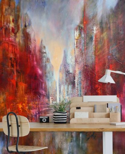 red, orange and pink abstract painted city wallpaper