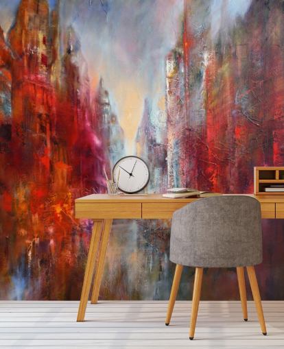 papel de parede da cidade pintado abstrato vermelho, laranja e rosa