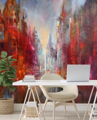 carta da parati città dipinta astratta rossa, arancione e rosa